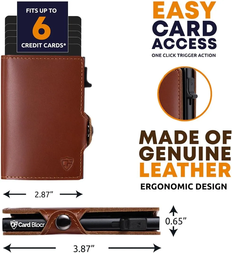 Conceal Plus Wallet for Men, Pop Up Wallet Credit Card Holder - RFID Blocking, Slim Minimalist Credit Card Case (Brown Genuine Leather)