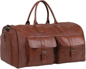 Convertible Garment Bag for Travel - Carry On Duffle Bag for Men Women 2 in 1 PU Leather Weekender Bag with Shoe Pouch and Shoulder Strap (Brown)