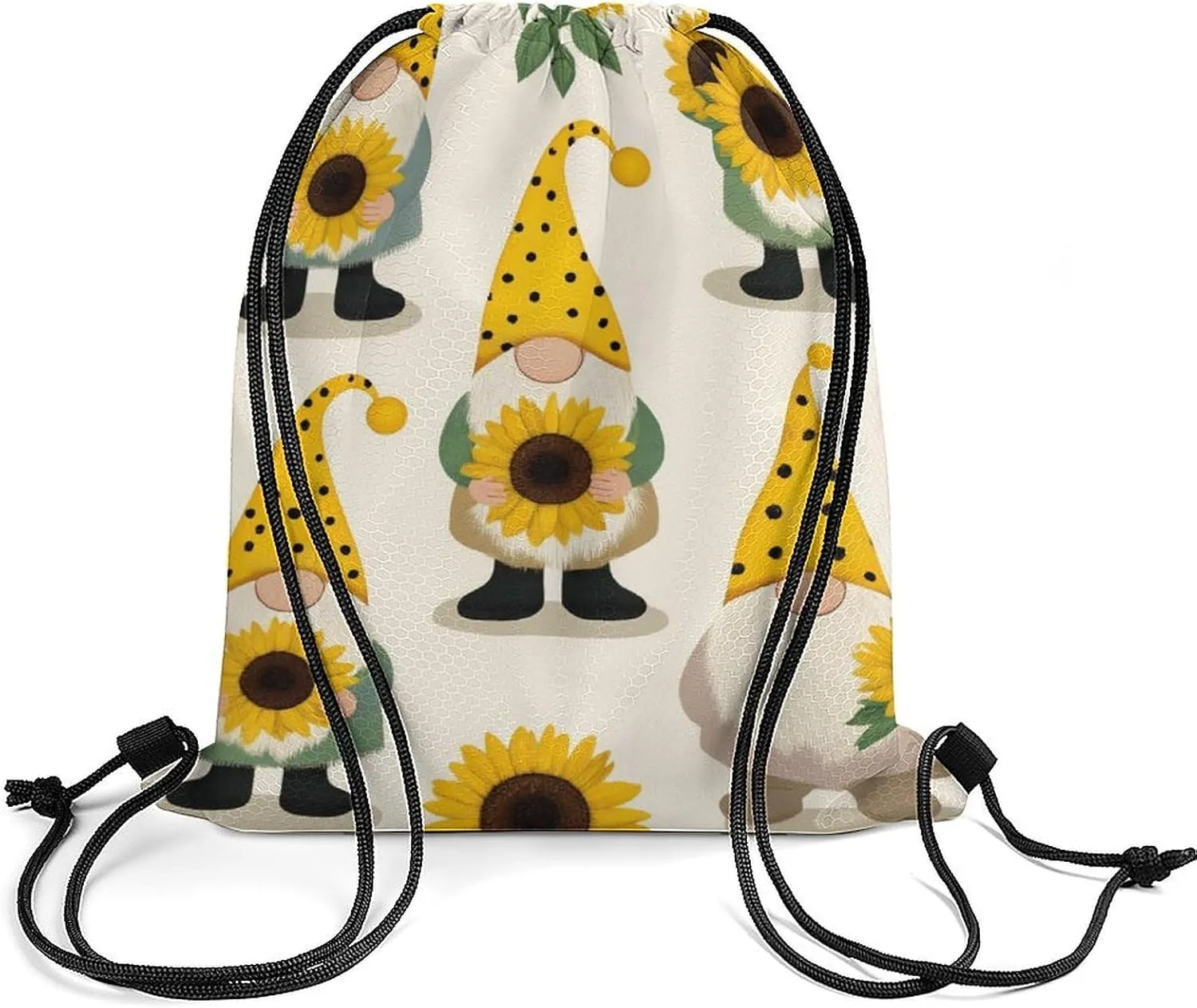 Cool Handbag with Drawstring, Adults Large Capacity Durable Backpack Tote Bags for Offices, Picnics, Gnomes Bees And Sunflowers Lightweight Draw String Bag