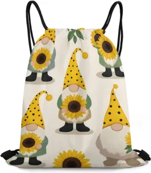 Cool Handbag with Drawstring, Adults Large Capacity Durable Backpack Tote Bags for Offices, Picnics, Gnomes Bees And Sunflowers Lightweight Draw String Bag