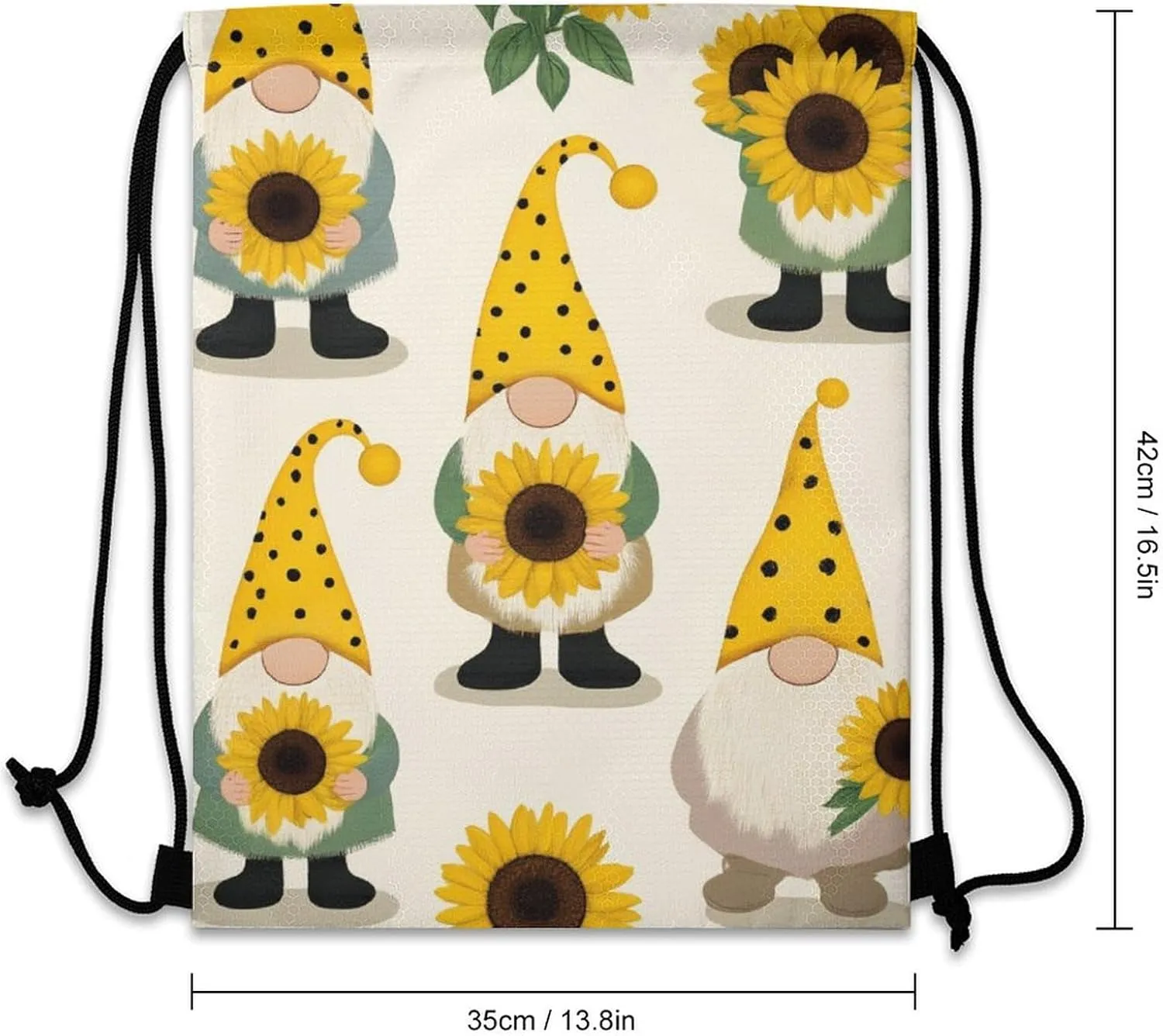 Cool Handbag with Drawstring, Adults Large Capacity Durable Backpack Tote Bags for Offices, Picnics, Gnomes Bees And Sunflowers Lightweight Draw String Bag