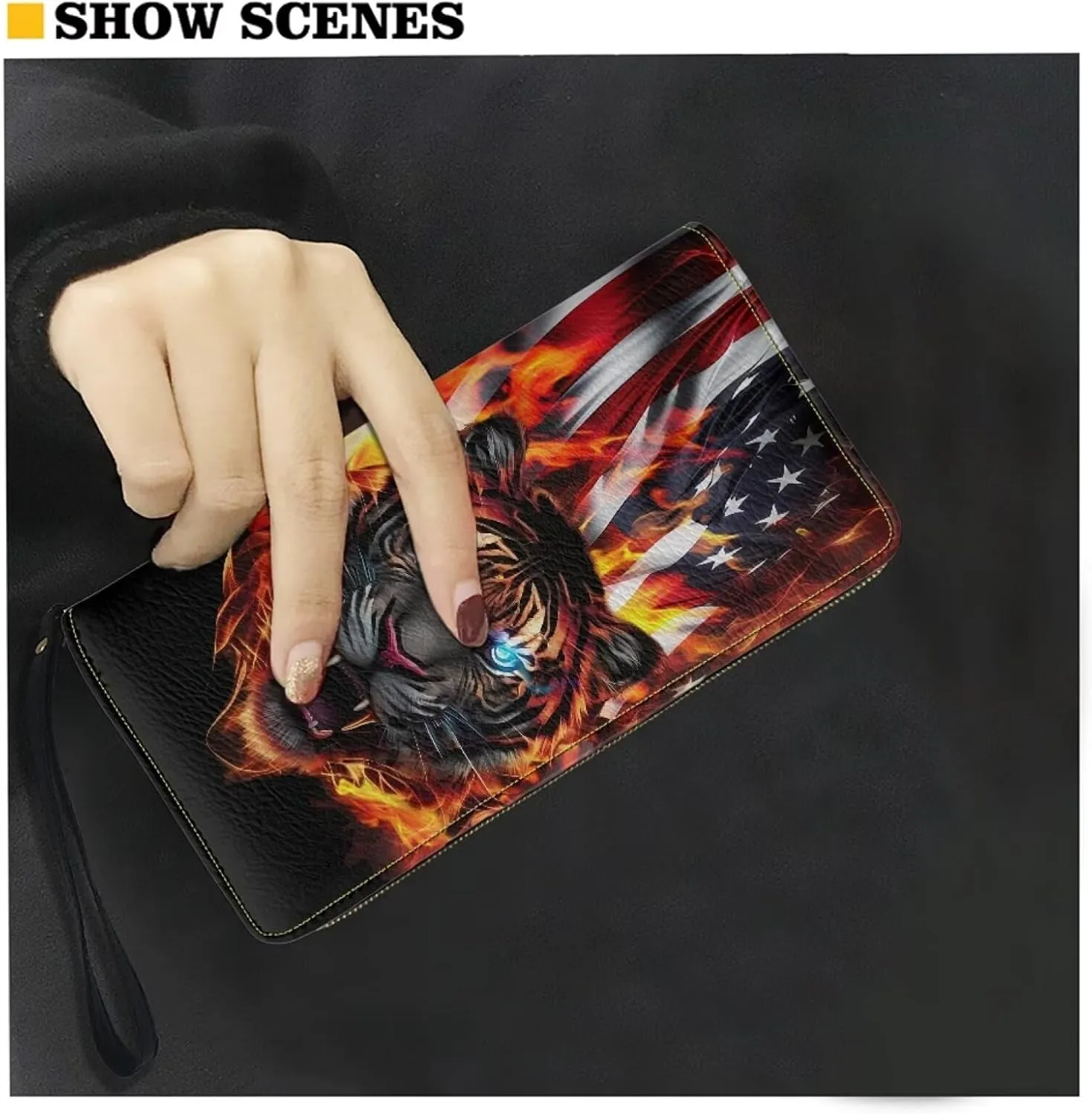 Cool Tiger and Flag Men Wallet Leather Purse with Coin Pocket Wallets Hawaiian Palm Tree Design Travel Causal Money Clips Handbag Clutch Bag with Wristlet Strap