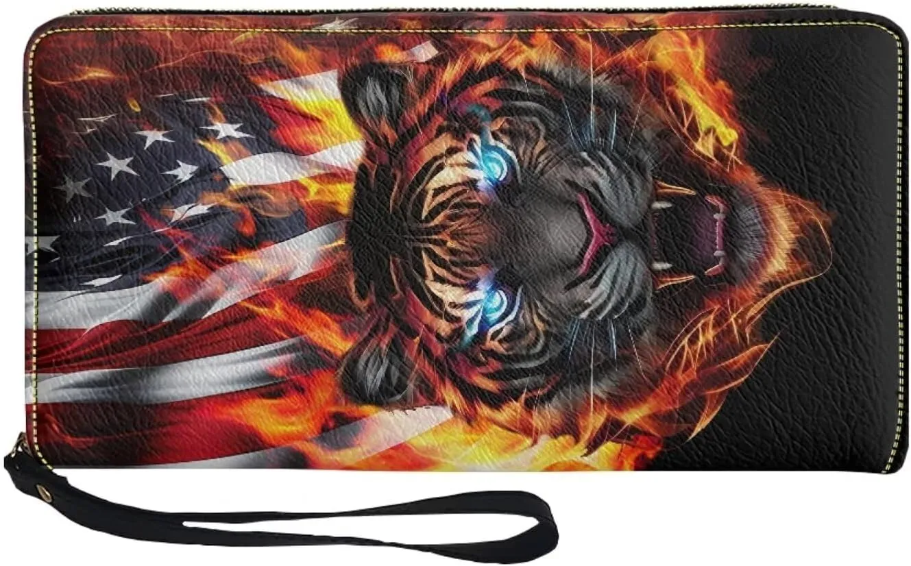 Cool Tiger and Flag Men Wallet Leather Purse with Coin Pocket Wallets Hawaiian Palm Tree Design Travel Causal Money Clips Handbag Clutch Bag with Wristlet Strap