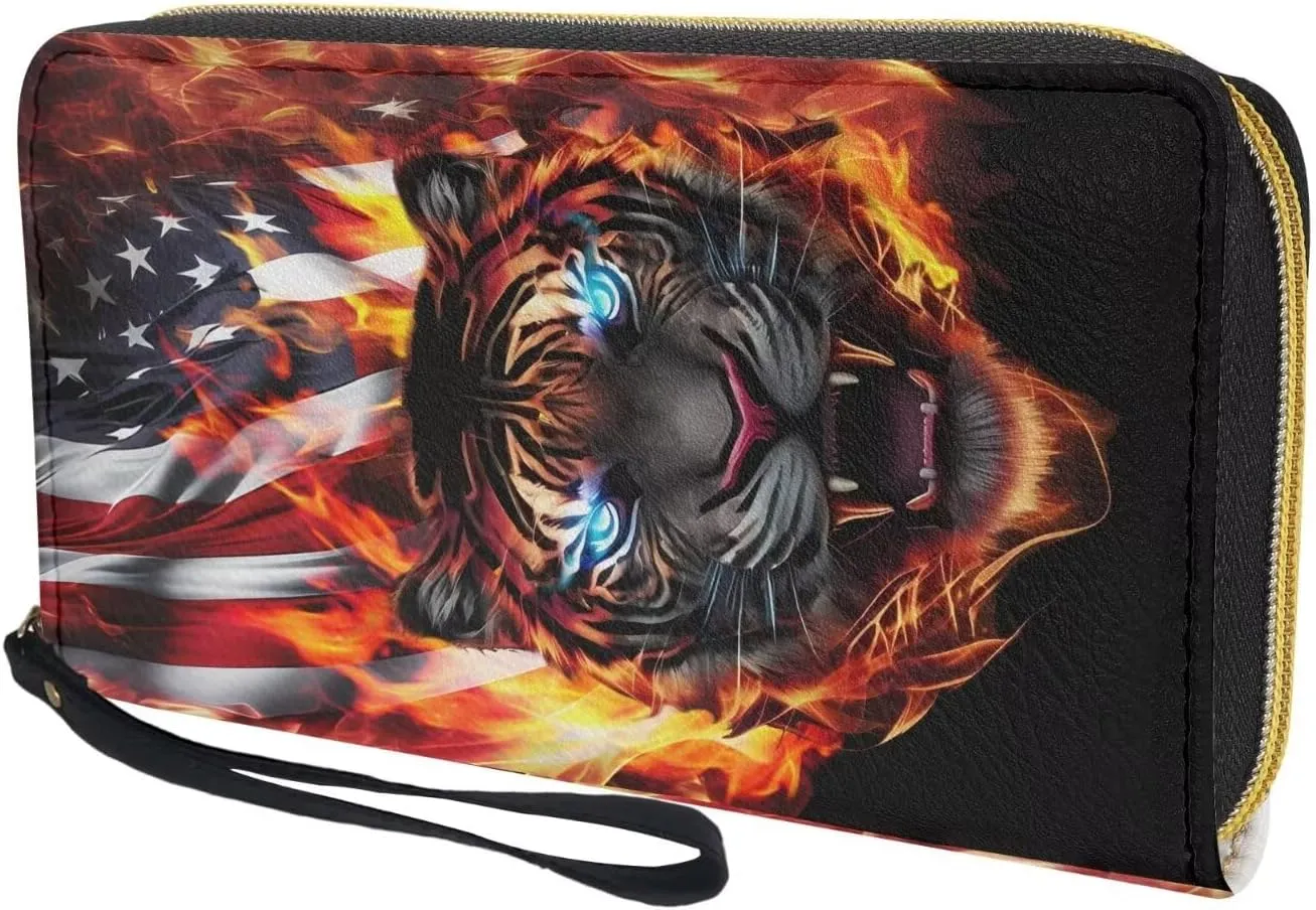 Cool Tiger and Flag Men Wallet Leather Purse with Coin Pocket Wallets Hawaiian Palm Tree Design Travel Causal Money Clips Handbag Clutch Bag with Wristlet Strap
