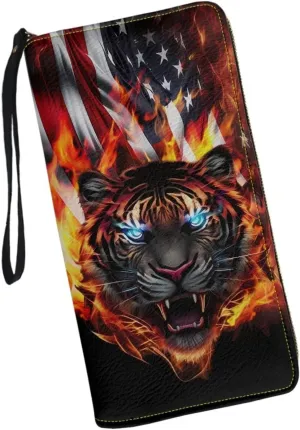 Cool Tiger and Flag Men Wallet Leather Purse with Coin Pocket Wallets Hawaiian Palm Tree Design Travel Causal Money Clips Handbag Clutch Bag with Wristlet Strap