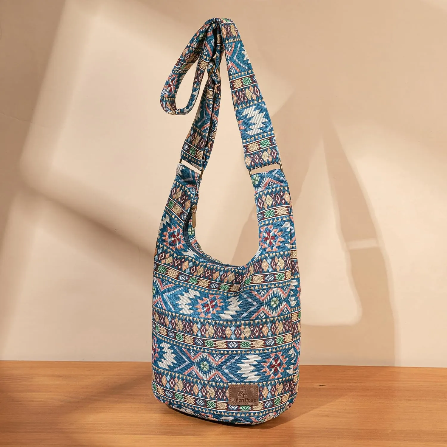Coton Pose Women Hippie Crossbody Bag - Top Zip Large Capacity Canvas Sling Bag - Jacquard Cloth Handmade