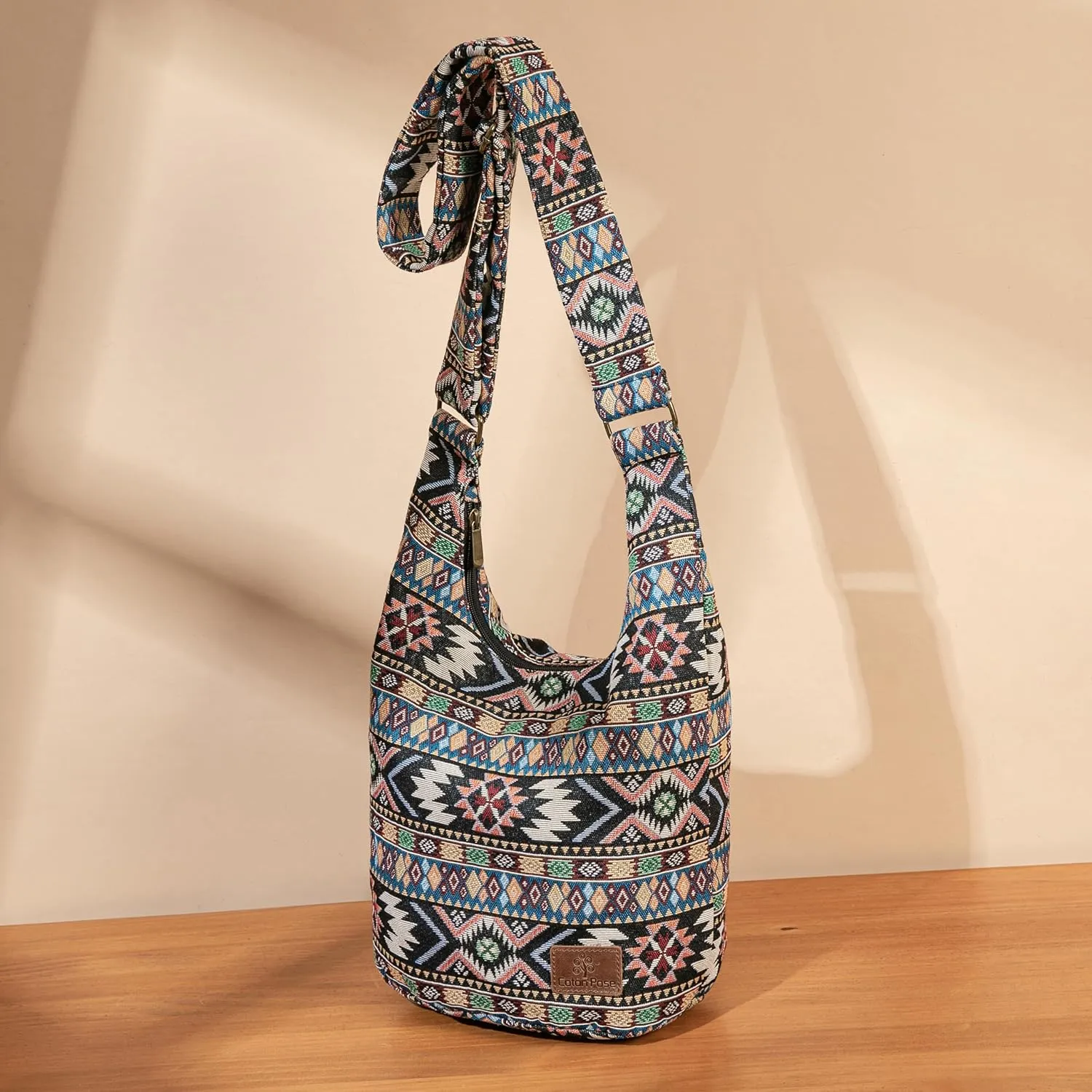 Coton Pose Women Hippie Crossbody Bag - Top Zip Large Capacity Canvas Sling Bag - Jacquard Cloth Handmade