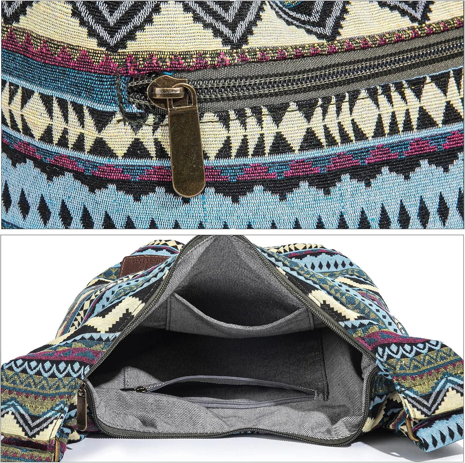 Coton Pose Women Hippie Crossbody Bag - Top Zip Large Capacity Canvas Sling Bag - Jacquard Cloth Handmade