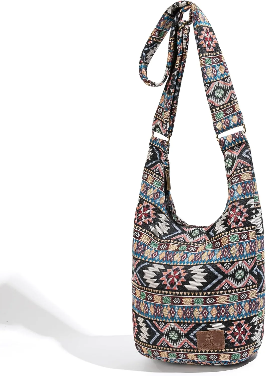 Coton Pose Women Hippie Crossbody Bag - Top Zip Large Capacity Canvas Sling Bag - Jacquard Cloth Handmade