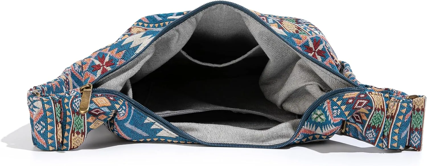 Coton Pose Women Hippie Crossbody Bag - Top Zip Large Capacity Canvas Sling Bag - Jacquard Cloth Handmade