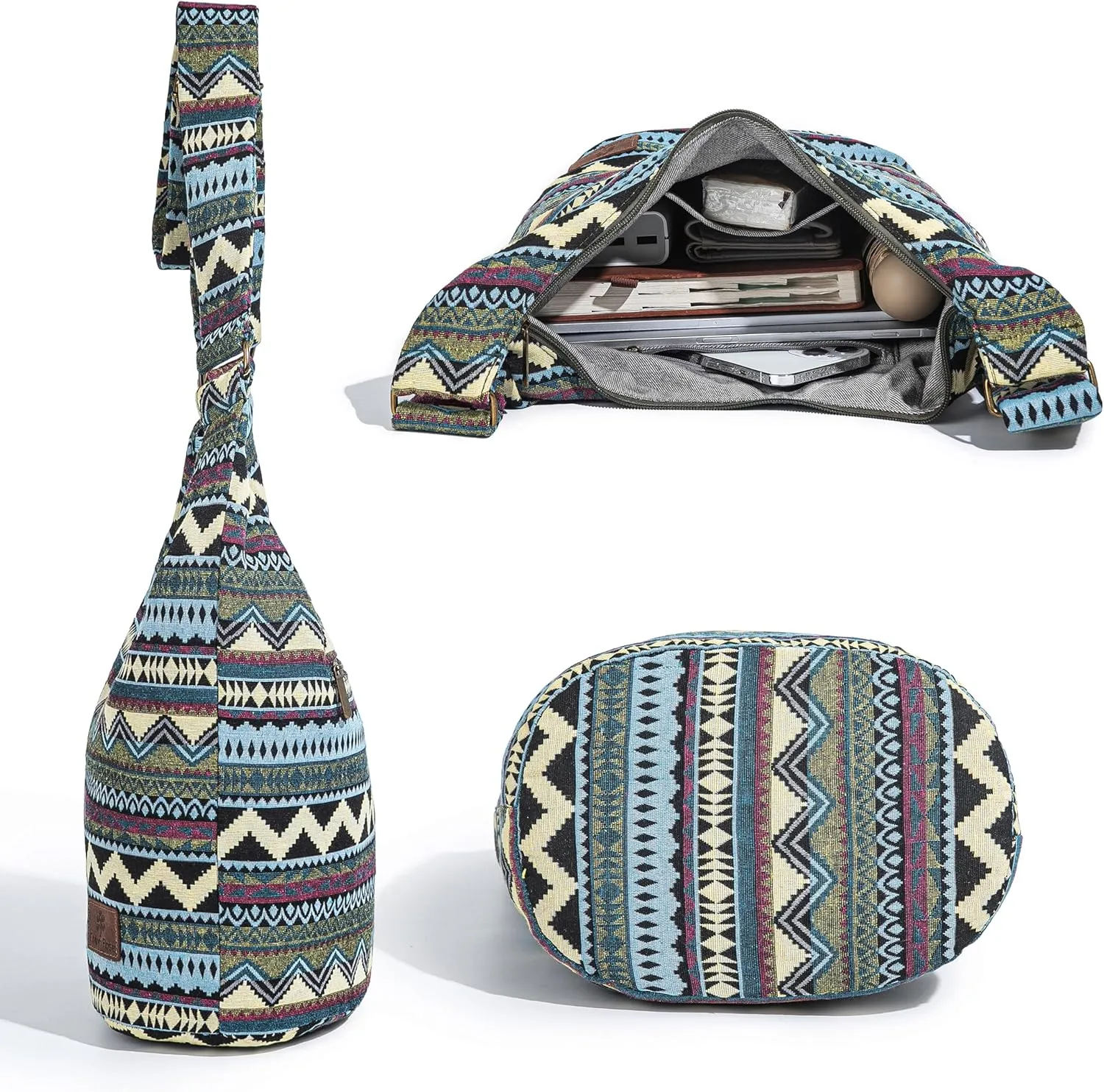 Coton Pose Women Hippie Crossbody Bag - Top Zip Large Capacity Canvas Sling Bag - Jacquard Cloth Handmade
