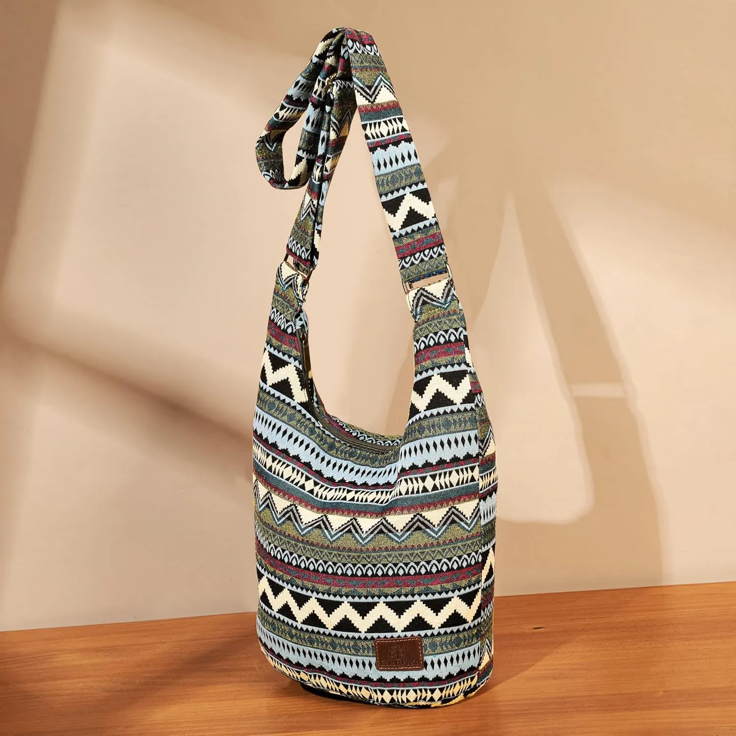 Coton Pose Women Hippie Crossbody Bag - Top Zip Large Capacity Canvas Sling Bag - Jacquard Cloth Handmade