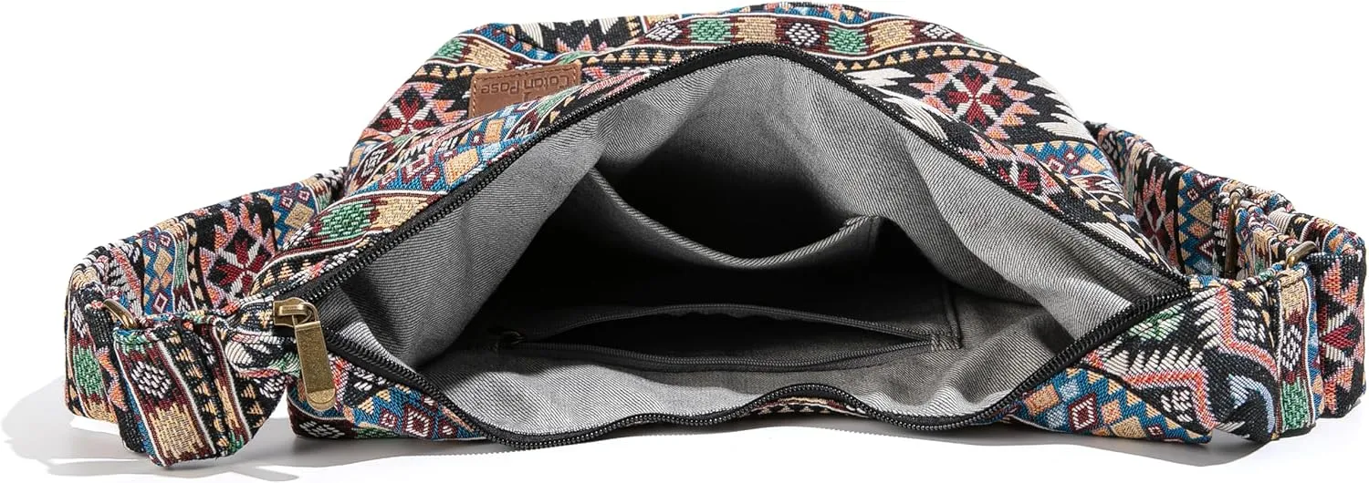 Coton Pose Women Hippie Crossbody Bag - Top Zip Large Capacity Canvas Sling Bag - Jacquard Cloth Handmade