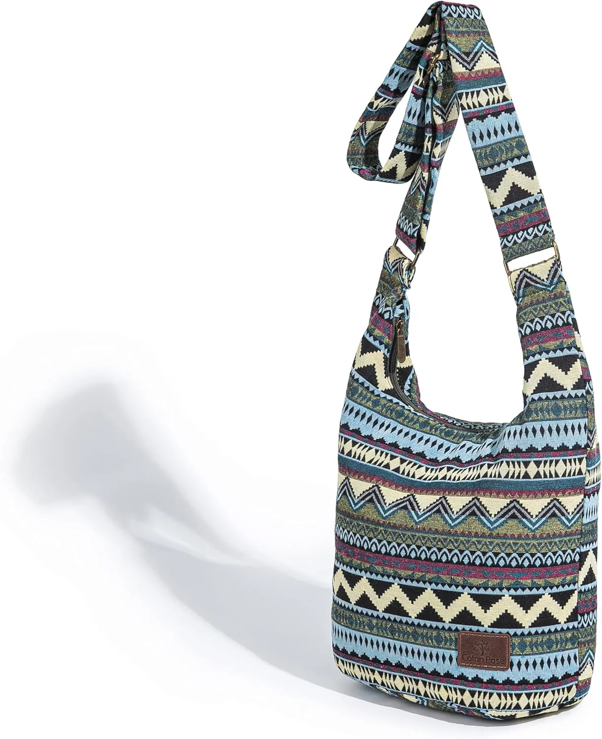 Coton Pose Women Hippie Crossbody Bag - Top Zip Large Capacity Canvas Sling Bag - Jacquard Cloth Handmade