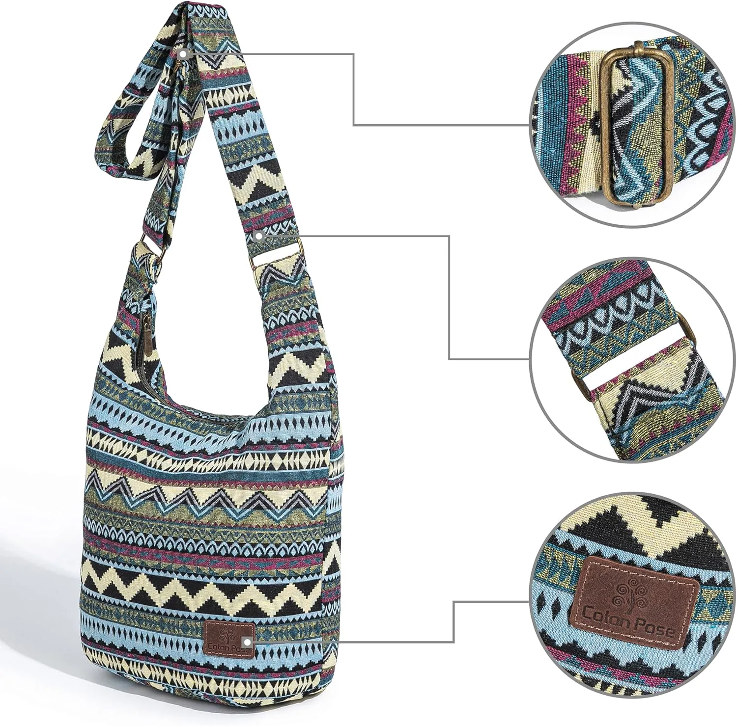 Coton Pose Women Hippie Crossbody Bag - Top Zip Large Capacity Canvas Sling Bag - Jacquard Cloth Handmade