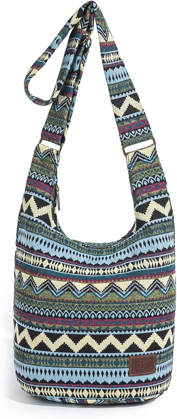Coton Pose Women Hippie Crossbody Bag - Top Zip Large Capacity Canvas Sling Bag - Jacquard Cloth Handmade