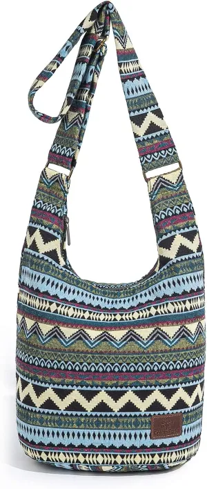 Coton Pose Women Hippie Crossbody Bag - Top Zip Large Capacity Canvas Sling Bag - Jacquard Cloth Handmade