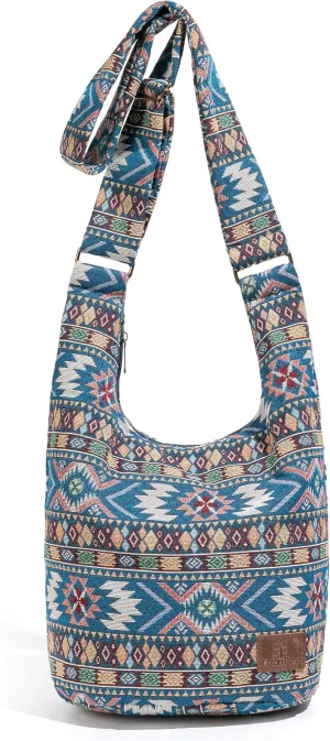 Coton Pose Women Hippie Crossbody Bag - Top Zip Large Capacity Canvas Sling Bag - Jacquard Cloth Handmade