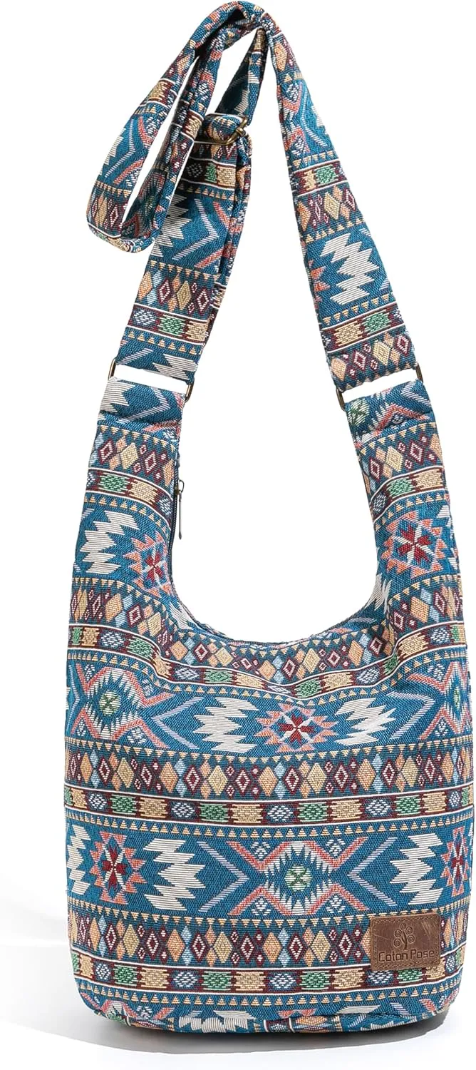 Coton Pose Women Hippie Crossbody Bag - Top Zip Large Capacity Canvas Sling Bag - Jacquard Cloth Handmade