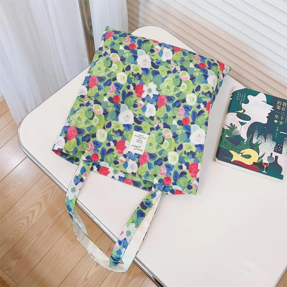 Cotton Canvas Tote Bag Reusable Soft Grocery Cloth Bag Floral Shoulder Bag for Beach Travel Shopping