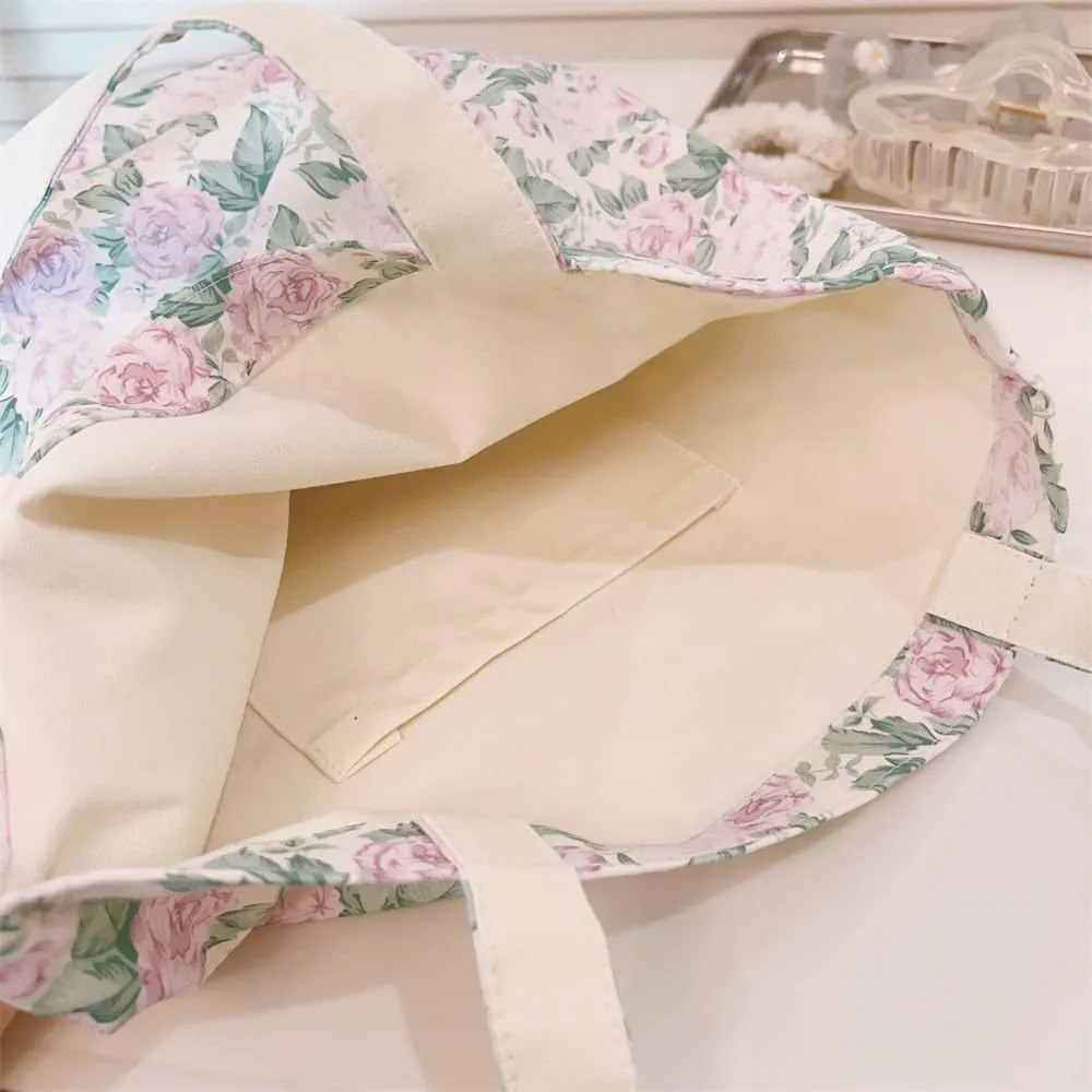 Cotton Canvas Tote Bag Reusable Soft Grocery Cloth Bag Floral Shoulder Bag for Beach Travel Shopping