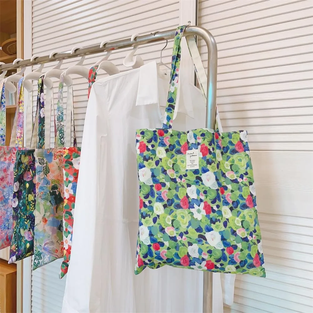 Cotton Canvas Tote Bag Reusable Soft Grocery Cloth Bag Floral Shoulder Bag for Beach Travel Shopping