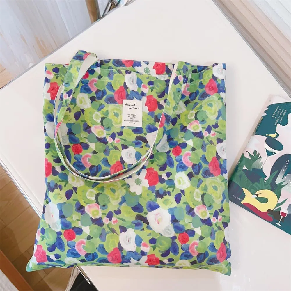 Cotton Canvas Tote Bag Reusable Soft Grocery Cloth Bag Floral Shoulder Bag for Beach Travel Shopping