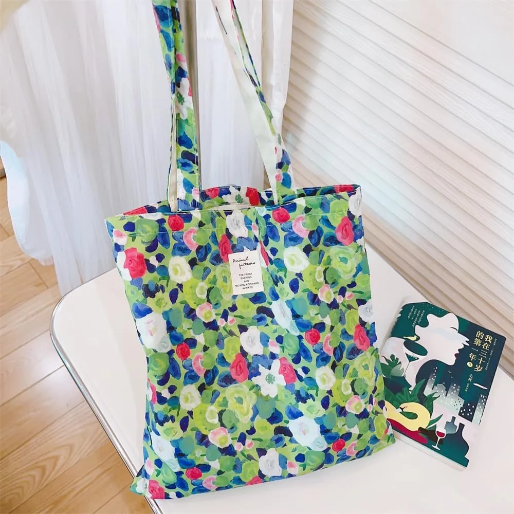 Cotton Canvas Tote Bag Reusable Soft Grocery Cloth Bag Floral Shoulder Bag for Beach Travel Shopping