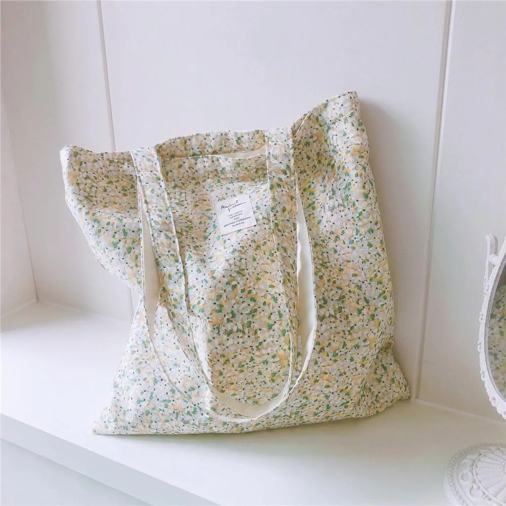 Cotton Canvas Tote Bag Reusable Soft Grocery Cloth Bag Floral Shoulder Bag for Beach Travel Shopping