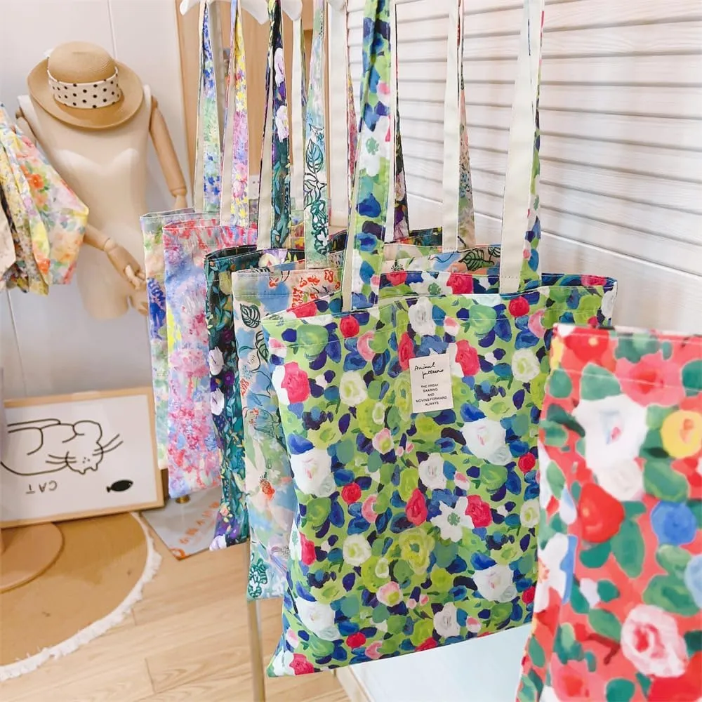 Cotton Canvas Tote Bag Reusable Soft Grocery Cloth Bag Floral Shoulder Bag for Beach Travel Shopping
