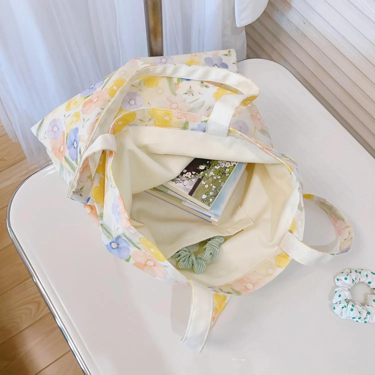 Cotton Canvas Tote Bag Reusable Soft Grocery Cloth Bag Floral Shoulder Bag for Beach Travel Shopping