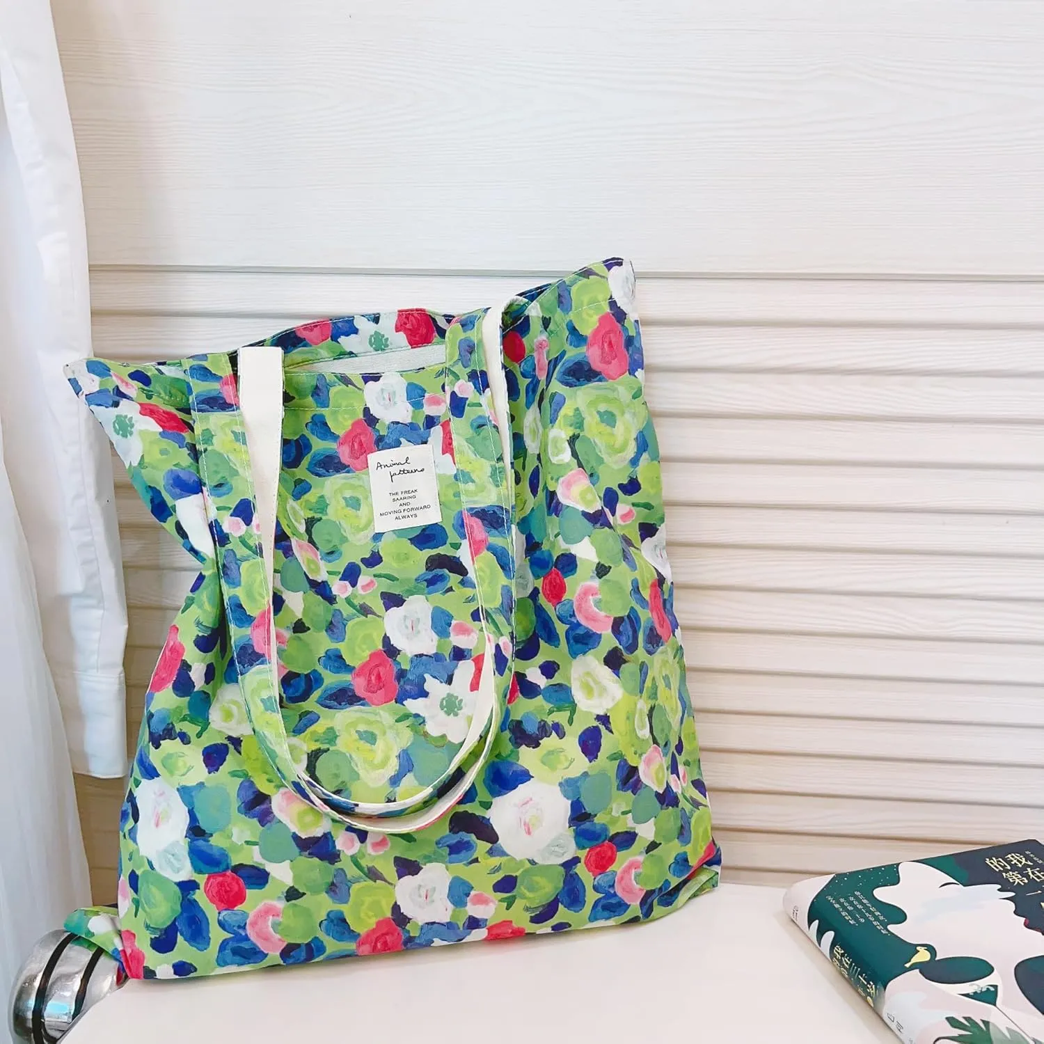 Cotton Canvas Tote Bag Reusable Soft Grocery Cloth Bag Floral Shoulder Bag for Beach Travel Shopping