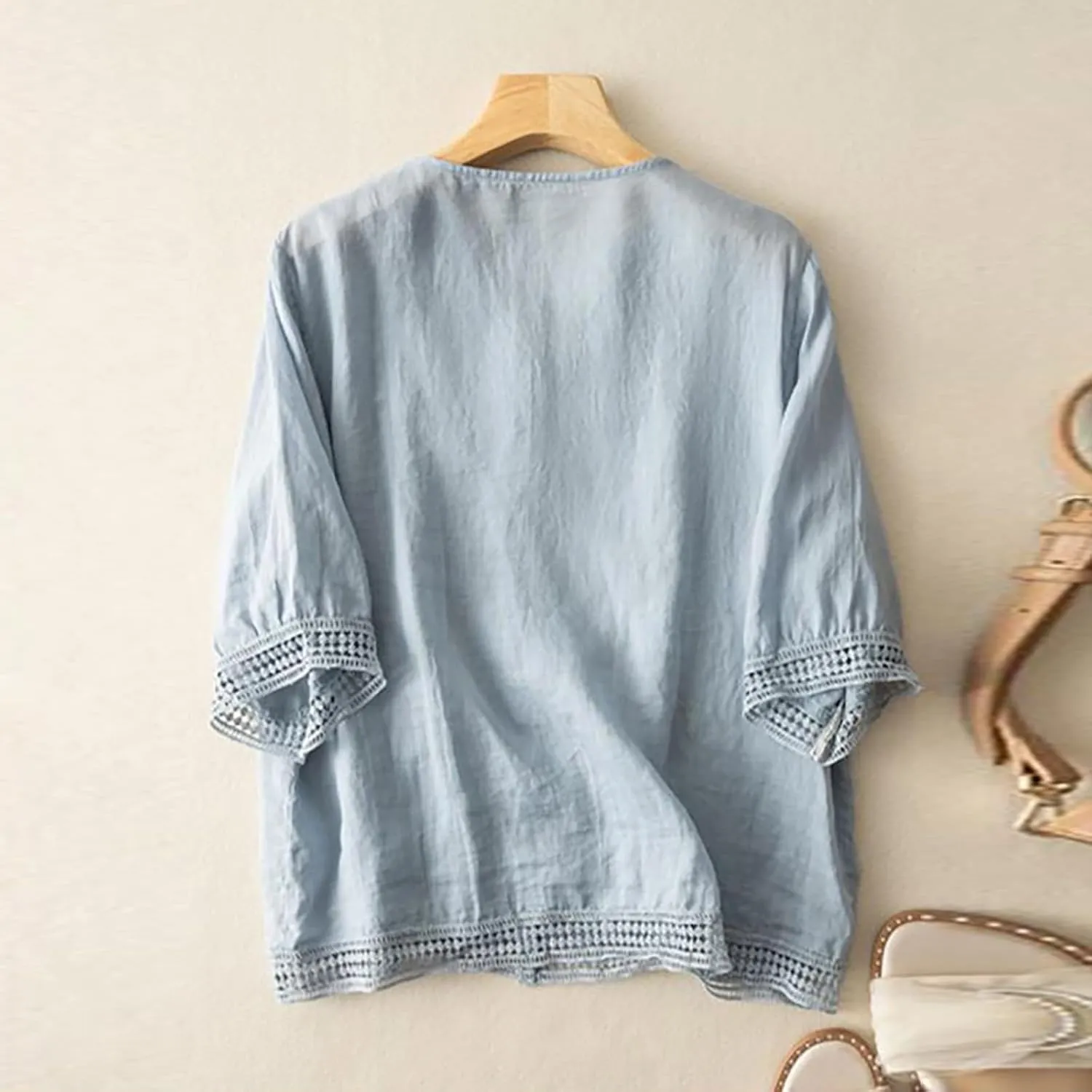 Cotton Linen Tops for Women Summer V Neck Tshirts 3/4 Sleeves Boho Embroidery Dressy Blouse 2025 Causal Loose Tunics