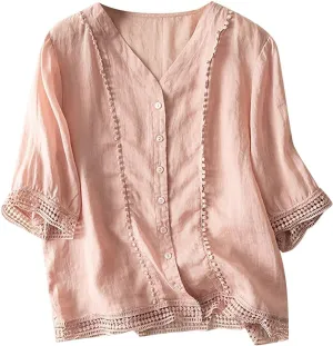 Cotton Linen Tops for Women Summer V Neck Tshirts 3/4 Sleeves Boho Embroidery Dressy Blouse 2025 Causal Loose Tunics