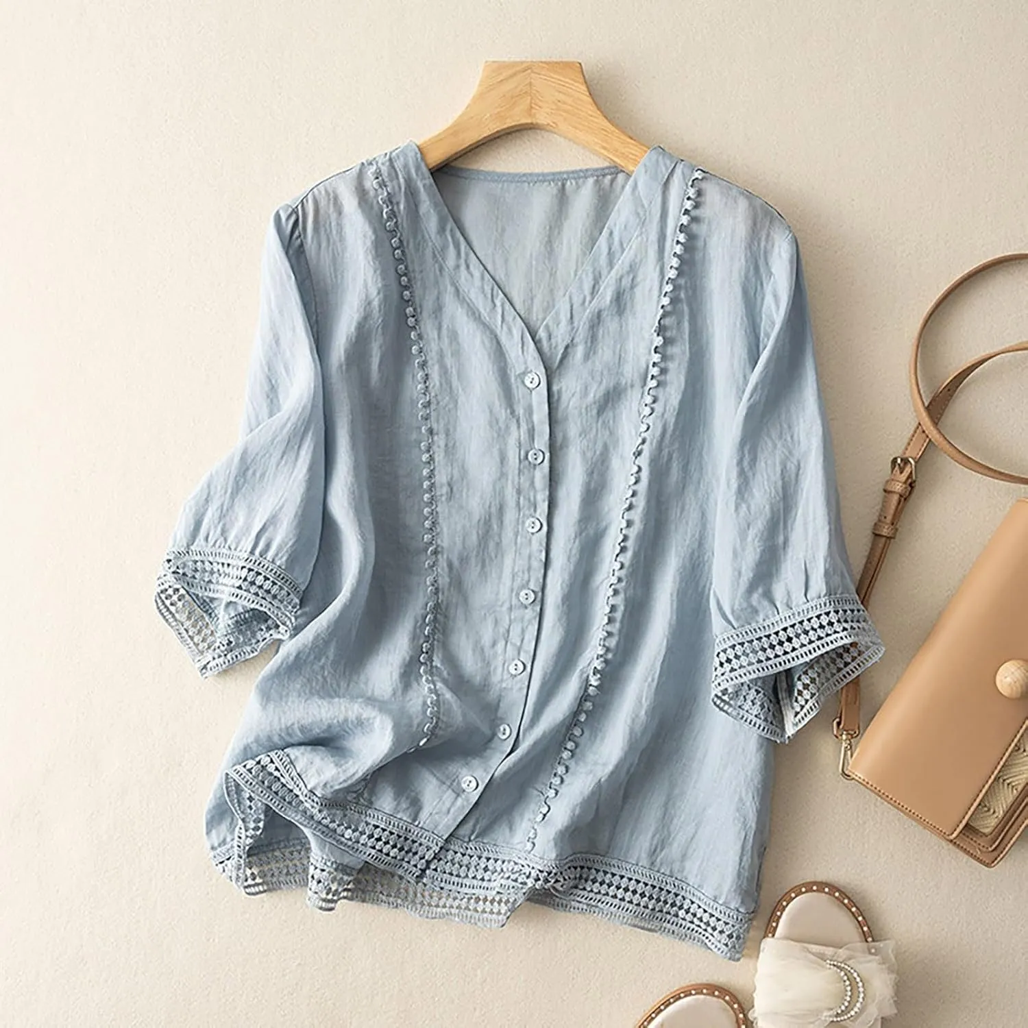 Cotton Linen Tops for Women Summer V Neck Tshirts 3/4 Sleeves Boho Embroidery Dressy Blouse 2025 Causal Loose Tunics