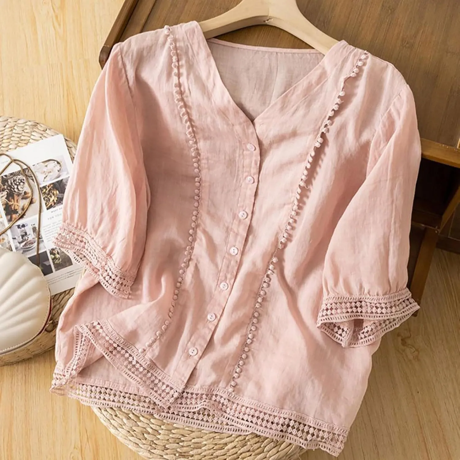 Cotton Linen Tops for Women Summer V Neck Tshirts 3/4 Sleeves Boho Embroidery Dressy Blouse 2025 Causal Loose Tunics