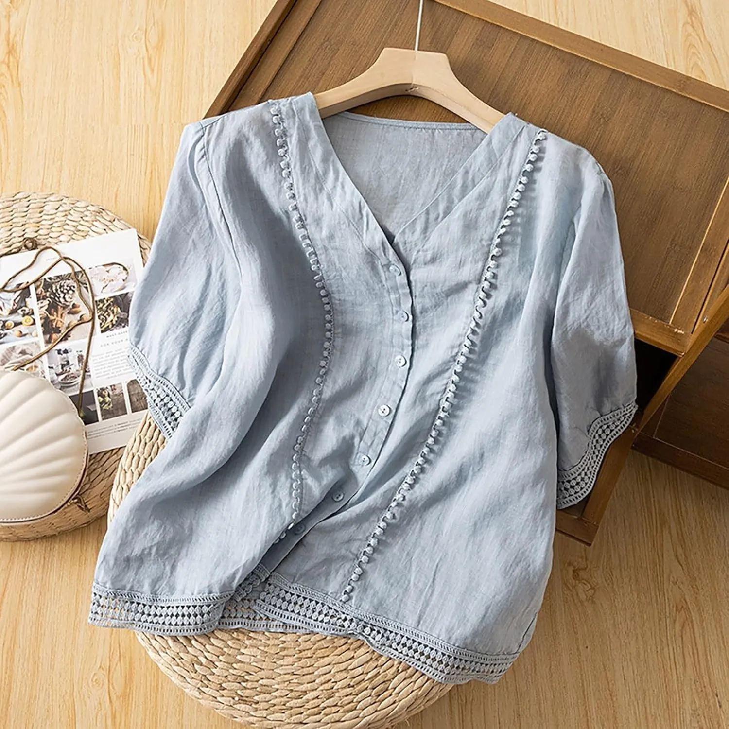 Cotton Linen Tops for Women Summer V Neck Tshirts 3/4 Sleeves Boho Embroidery Dressy Blouse 2025 Causal Loose Tunics