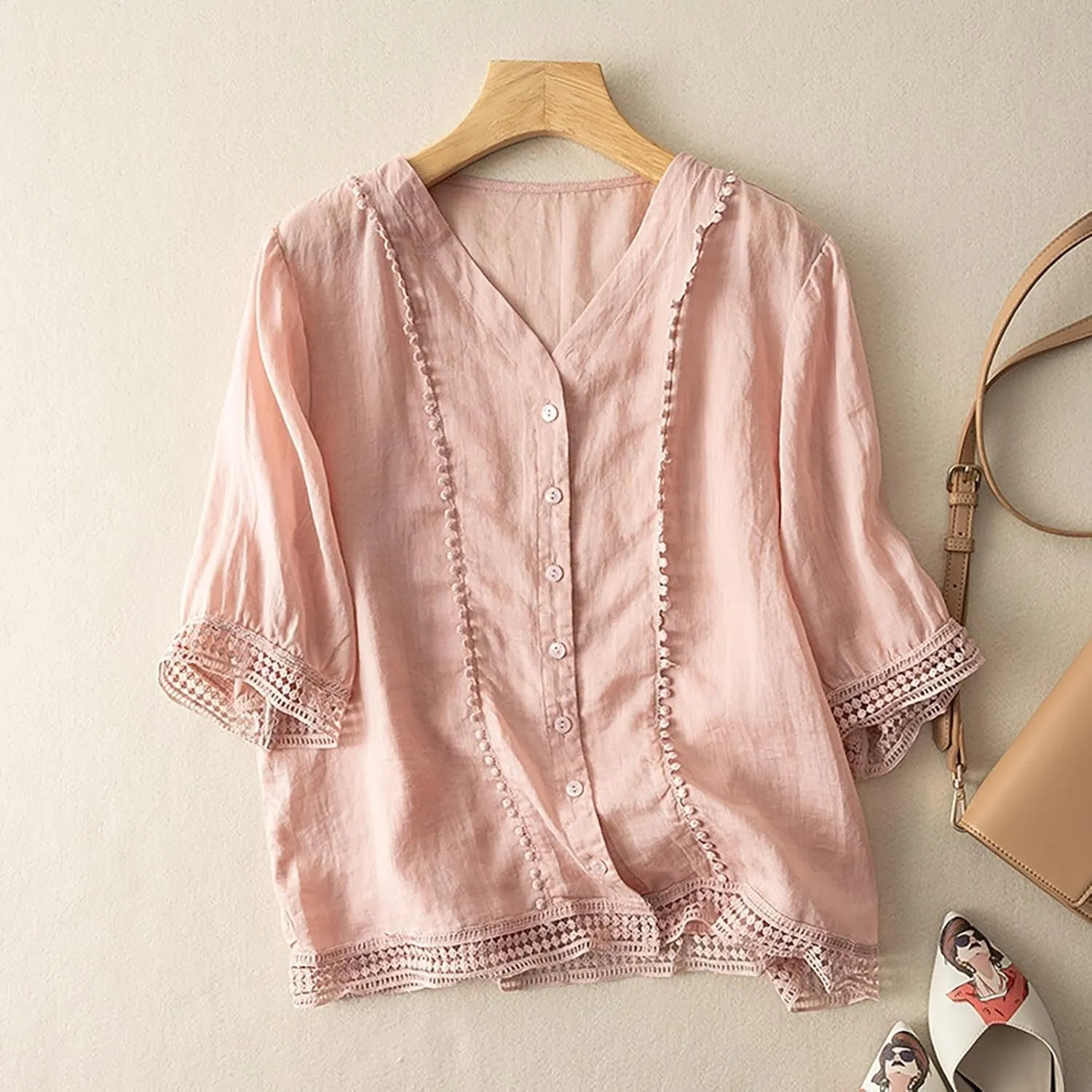 Cotton Linen Tops for Women Summer V Neck Tshirts 3/4 Sleeves Boho Embroidery Dressy Blouse 2025 Causal Loose Tunics