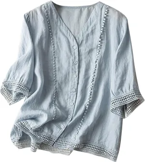 Cotton Linen Tops for Women Summer V Neck Tshirts 3/4 Sleeves Boho Embroidery Dressy Blouse 2025 Causal Loose Tunics