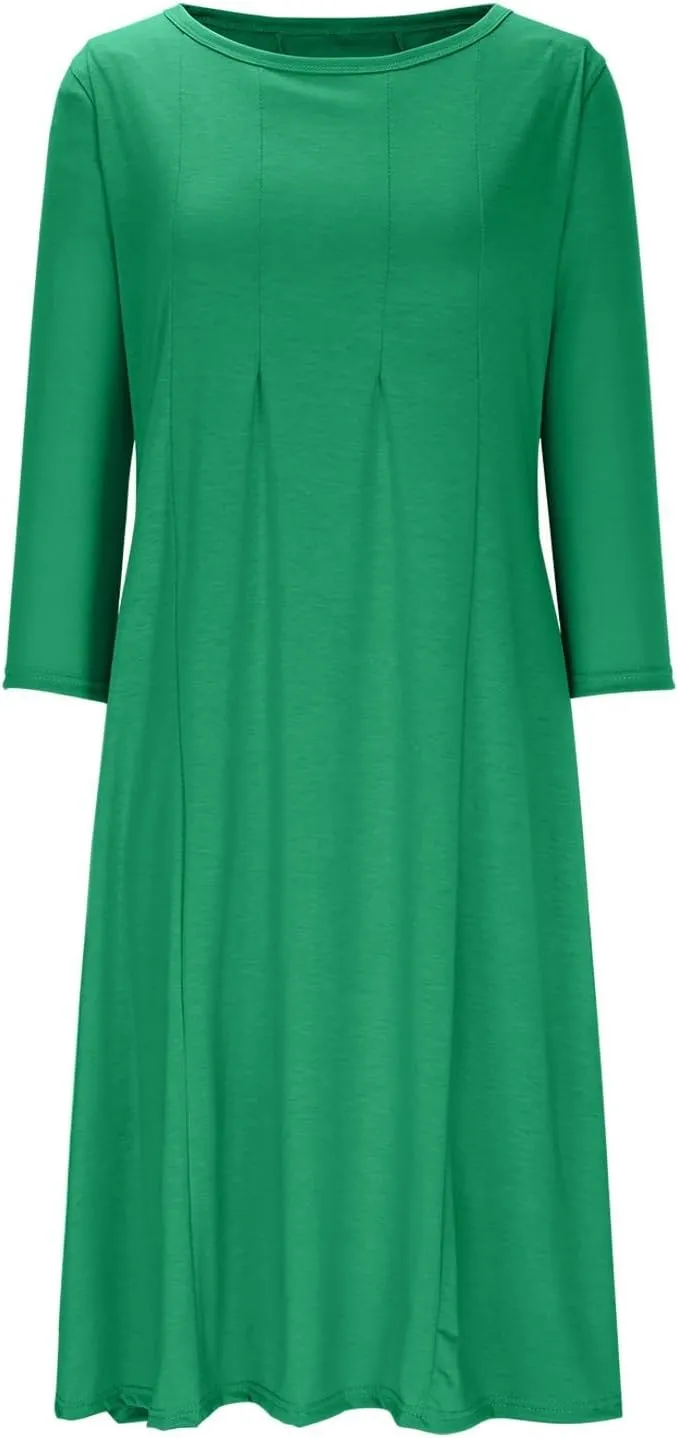 Cotton Long Sleeve A Line Midi Dress for Women Pleated Design Casual Loose Fit Soft Comfortable Daily Wear