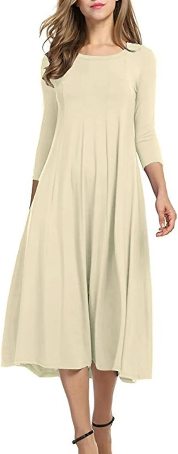 Cotton Long Sleeve A Line Midi Dress for Women Pleated Design Casual Loose Fit Soft Comfortable Daily Wear