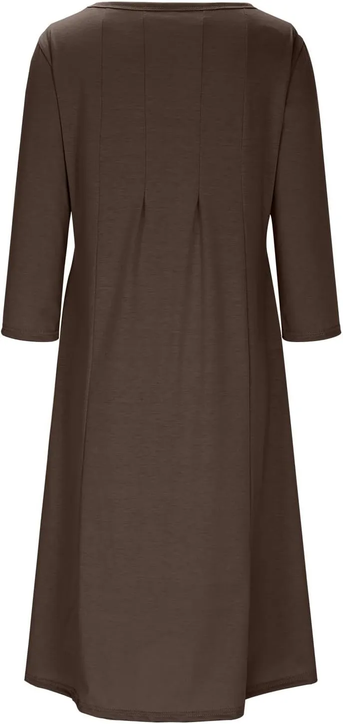 Cotton Long Sleeve A Line Midi Dress for Women Pleated Design Casual Loose Fit Soft Comfortable Daily Wear