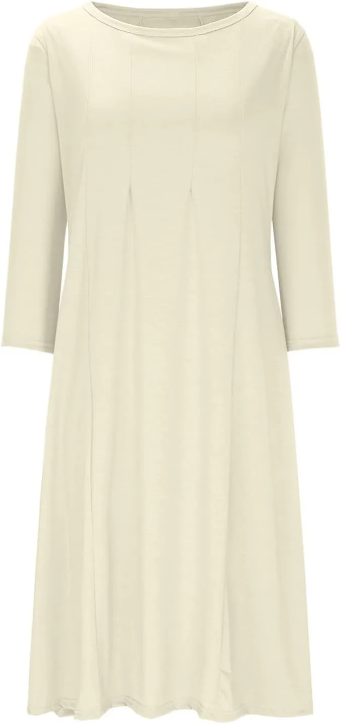 Cotton Long Sleeve A Line Midi Dress for Women Pleated Design Casual Loose Fit Soft Comfortable Daily Wear