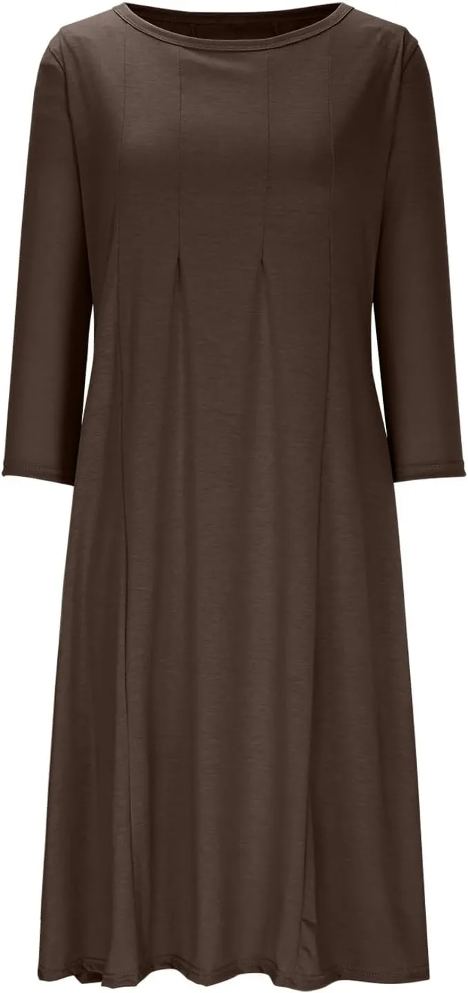 Cotton Long Sleeve A Line Midi Dress for Women Pleated Design Casual Loose Fit Soft Comfortable Daily Wear
