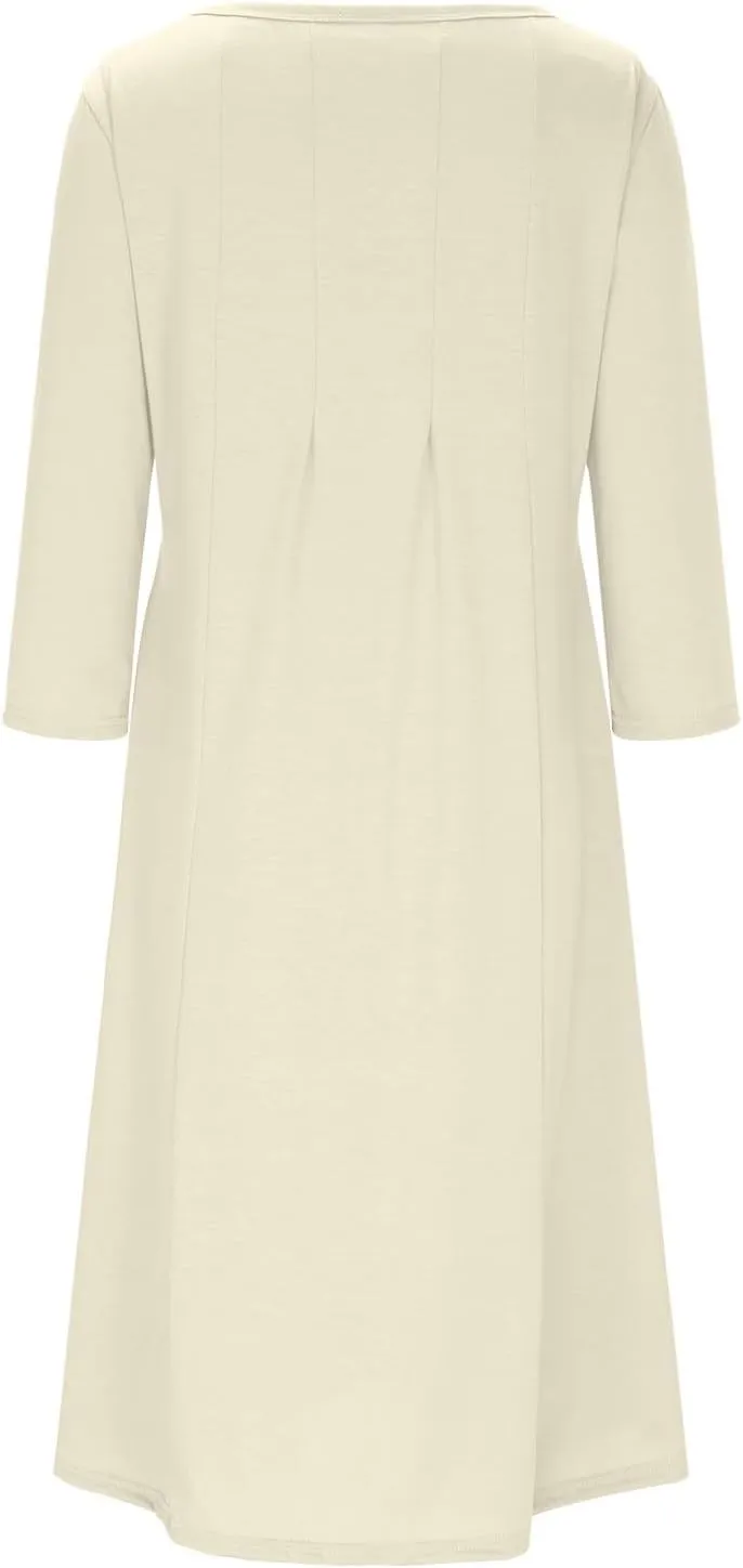 Cotton Long Sleeve A Line Midi Dress for Women Pleated Design Casual Loose Fit Soft Comfortable Daily Wear