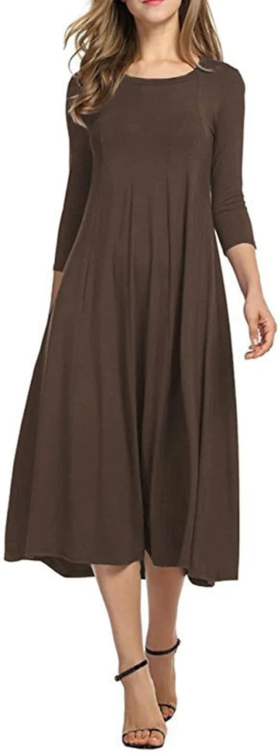 Cotton Long Sleeve A Line Midi Dress for Women Pleated Design Casual Loose Fit Soft Comfortable Daily Wear