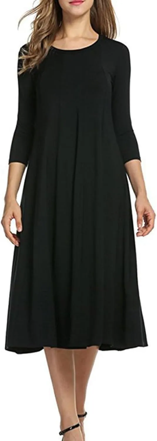 Cotton Long Sleeve A Line Midi Dress for Women Pleated Design Casual Loose Fit Soft Comfortable Daily Wear
