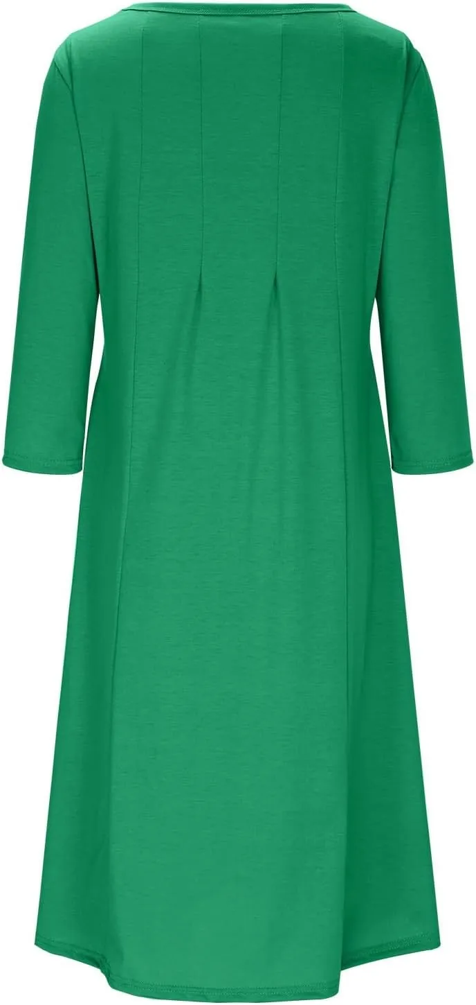 Cotton Long Sleeve A Line Midi Dress for Women Pleated Design Casual Loose Fit Soft Comfortable Daily Wear