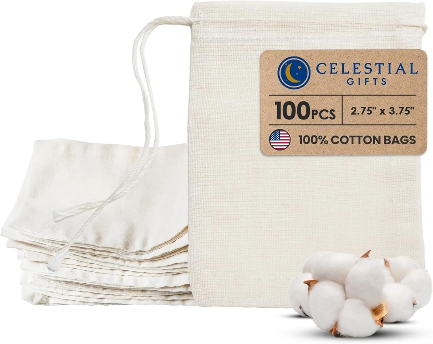 Cotton Muslin Bags 100 Count (2.75 x 3.75 inches) Natural Drawstring, made with 100% cotton in the USA by Celestial Gifts