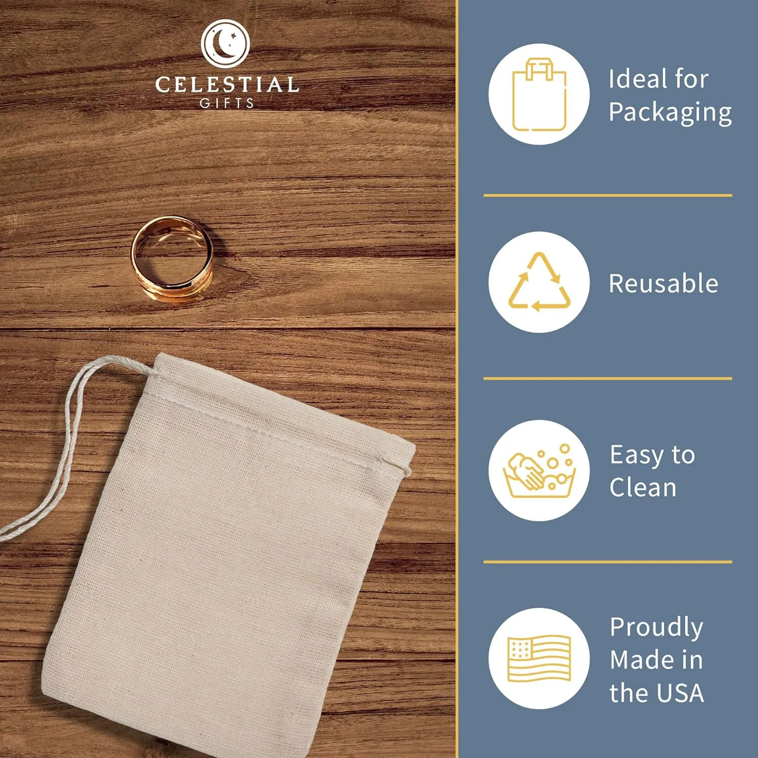 Cotton Muslin Bags 100 Count (2.75 x 3.75 inches) Natural Drawstring, made with 100% cotton in the USA by Celestial Gifts